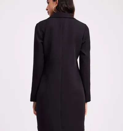 Satin Collar Blazer Dress - Black