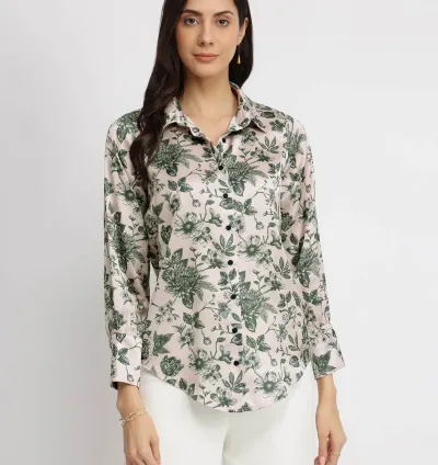 Satin  Floral Shirt -Green