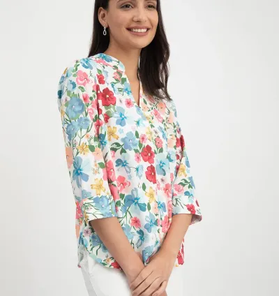 Floral Print Mandarin Neck Top - Multicolour