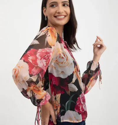 Floral Print Tie-Up Top - Black and Multicolour