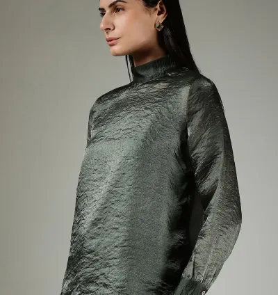 Silk High Neck Top - Green