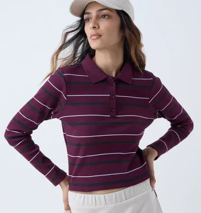 Plum Striped Cotton - Blend T- shirt