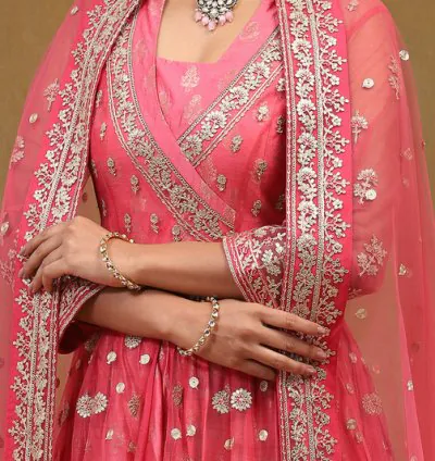 Coral - Pink Polyester Lehenga Set